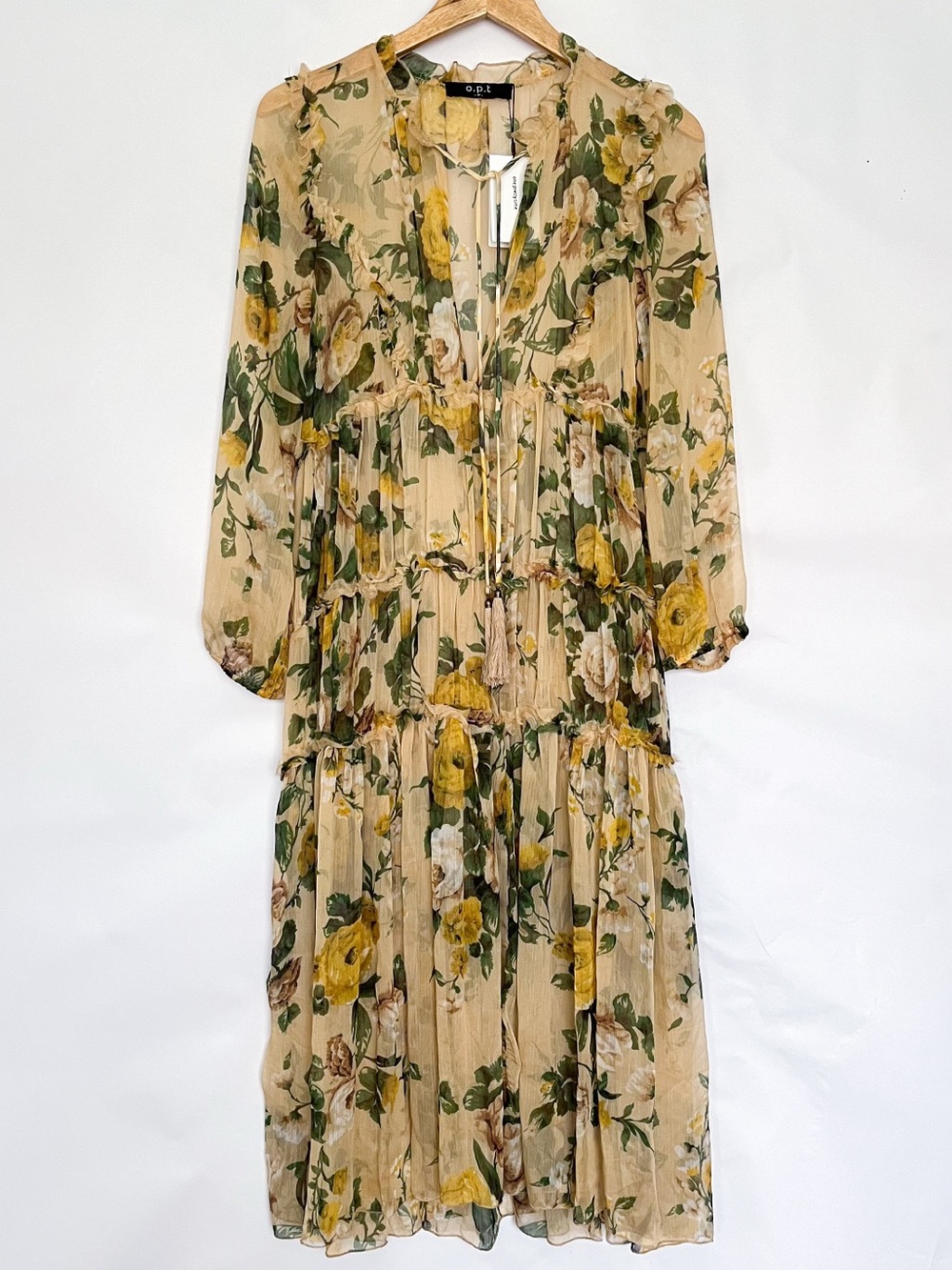 O.P.T Long Sleeve Floral Midi Dress Tiered Garden Size Medium Yellow Green